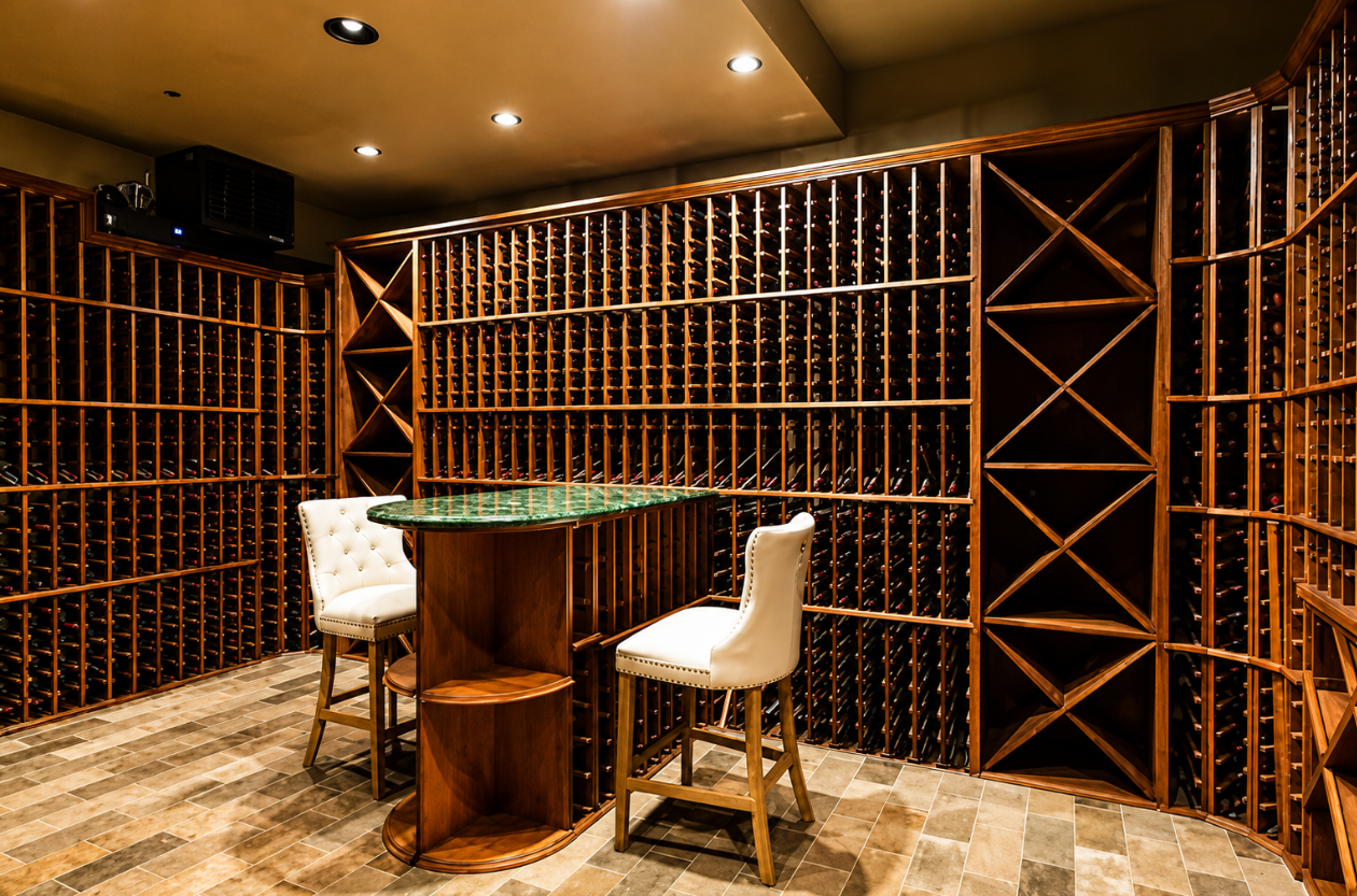 Private wine cellar with hand-painted vineyard mural, marble tasting bar, and floor-to-ceiling wood racking