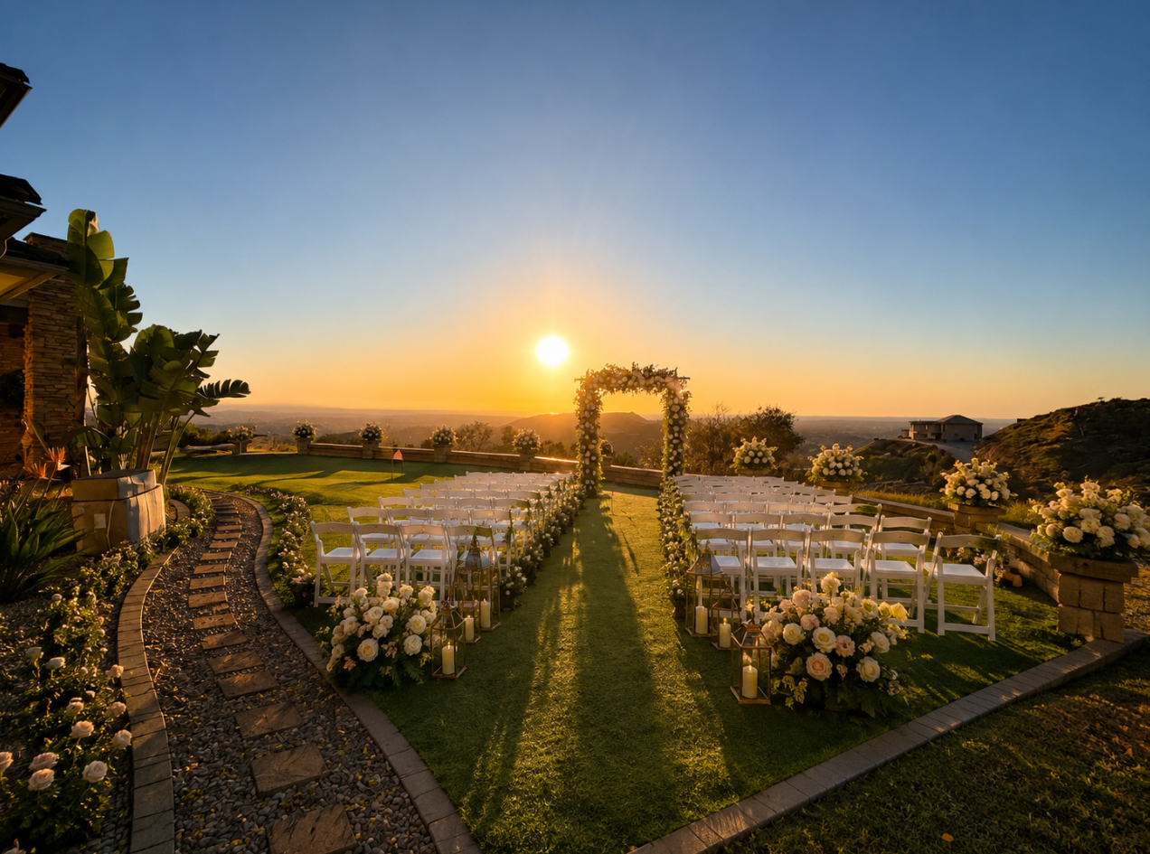 Sunset wedding ceremony setup on the hilltop lawn with floral arch and panoramic views
