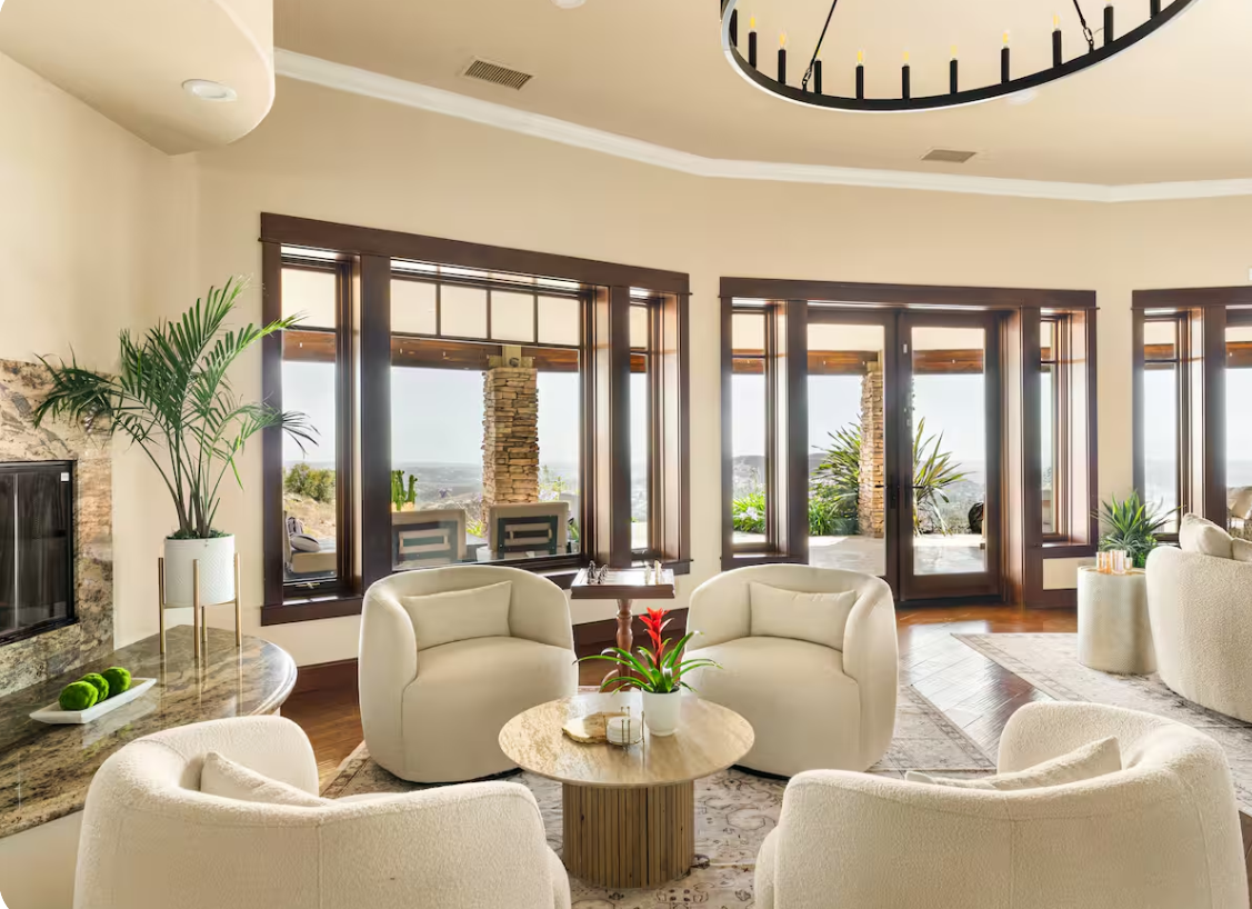 Intimate boucle sitting circle by the fireplace