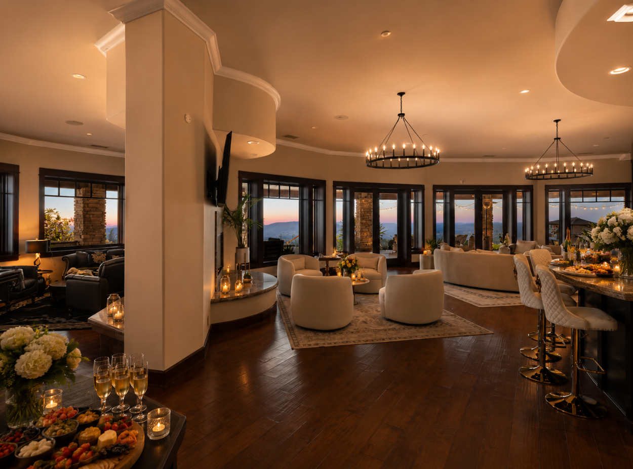 Estate great room with iron chandeliers, cocktail hour setup, and panoramic sunset views through floor-to-ceiling windows