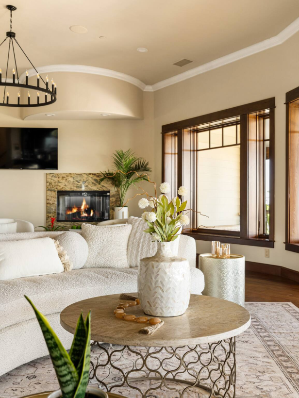 Stone fireplace with boucle sectional