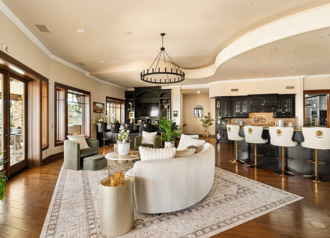 Great room chandelier and open floor plan