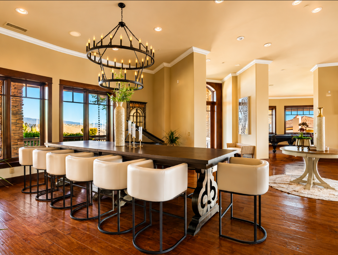 Wide gathering hall with dual chandeliers